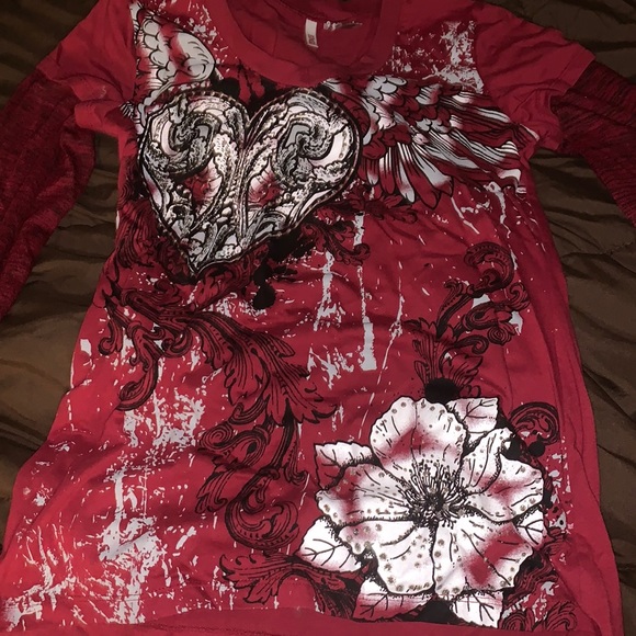 y2k punk goth authentic 2000s layered rhinestone maroon red tee shirt - Picture 2 of 3